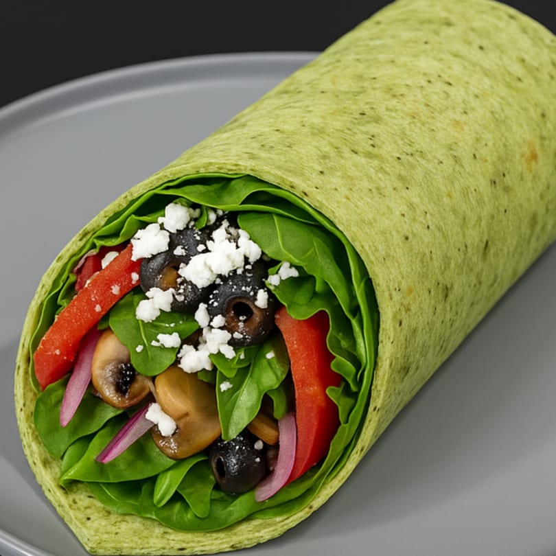 A Tasty Deli spinach wrap filled with spinach, red peppers, mushrooms, olives, and feta cheese.