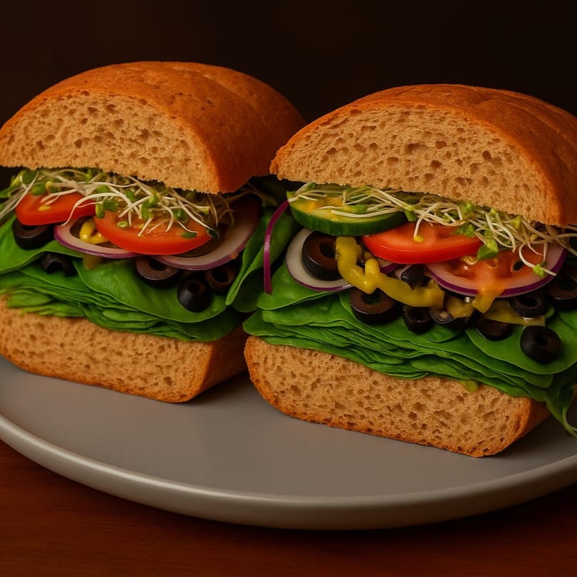 Two fresh deli sandwiches on a gray plate, filled with lettuce, tomatoes, olives, and sprouts.