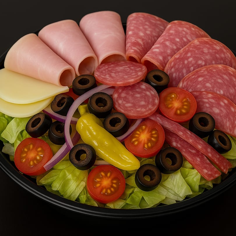 A deli salad with ham, salami, cheese, olives, tomatoes, onions, and peppers on lettuce.