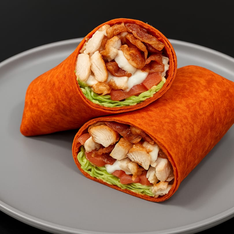 Two halves of a Tasty Deli chicken, bacon, lettuce, and tomato wrap on a gray plate.