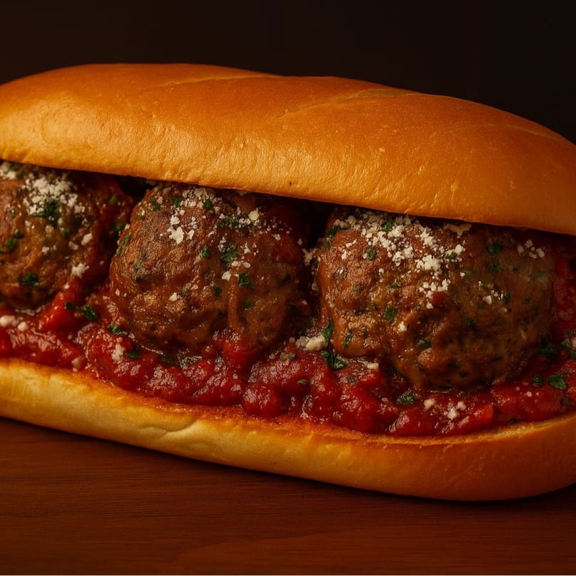 Meatball sub from Tasty Deli, with meatballs, marinara sauce, and parmesan cheese on a hoagie roll.