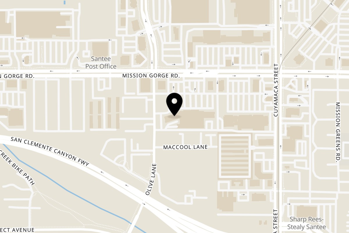 Map showing the location of Tasty Deli on 9625 Mission Gorge Rd c2 in Santee